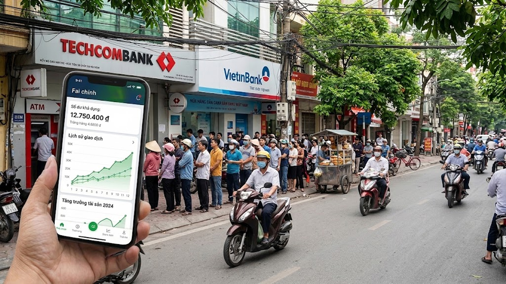 Người dân xếp hàng tại cây ATM